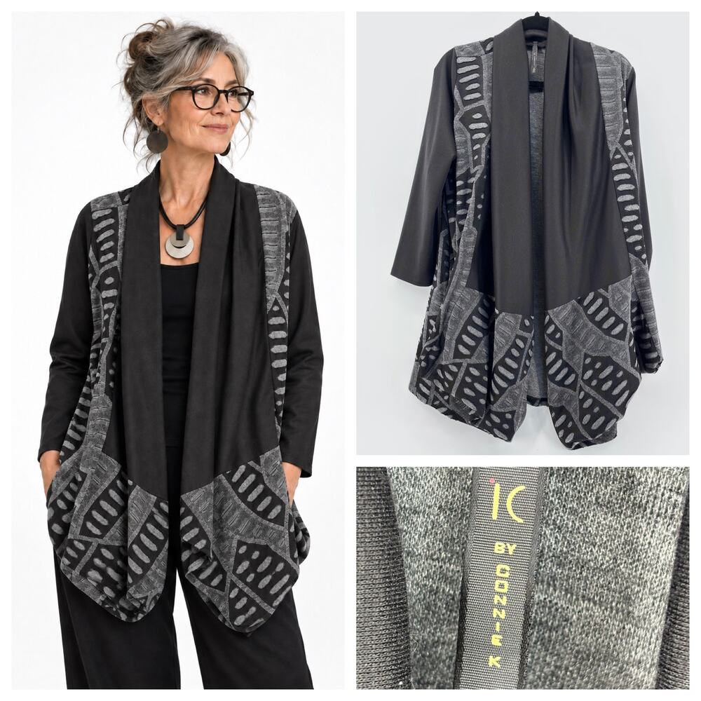 IC by Connie K Open Front Cardigan Size Small Gray Geometric Lagenlook Artsy